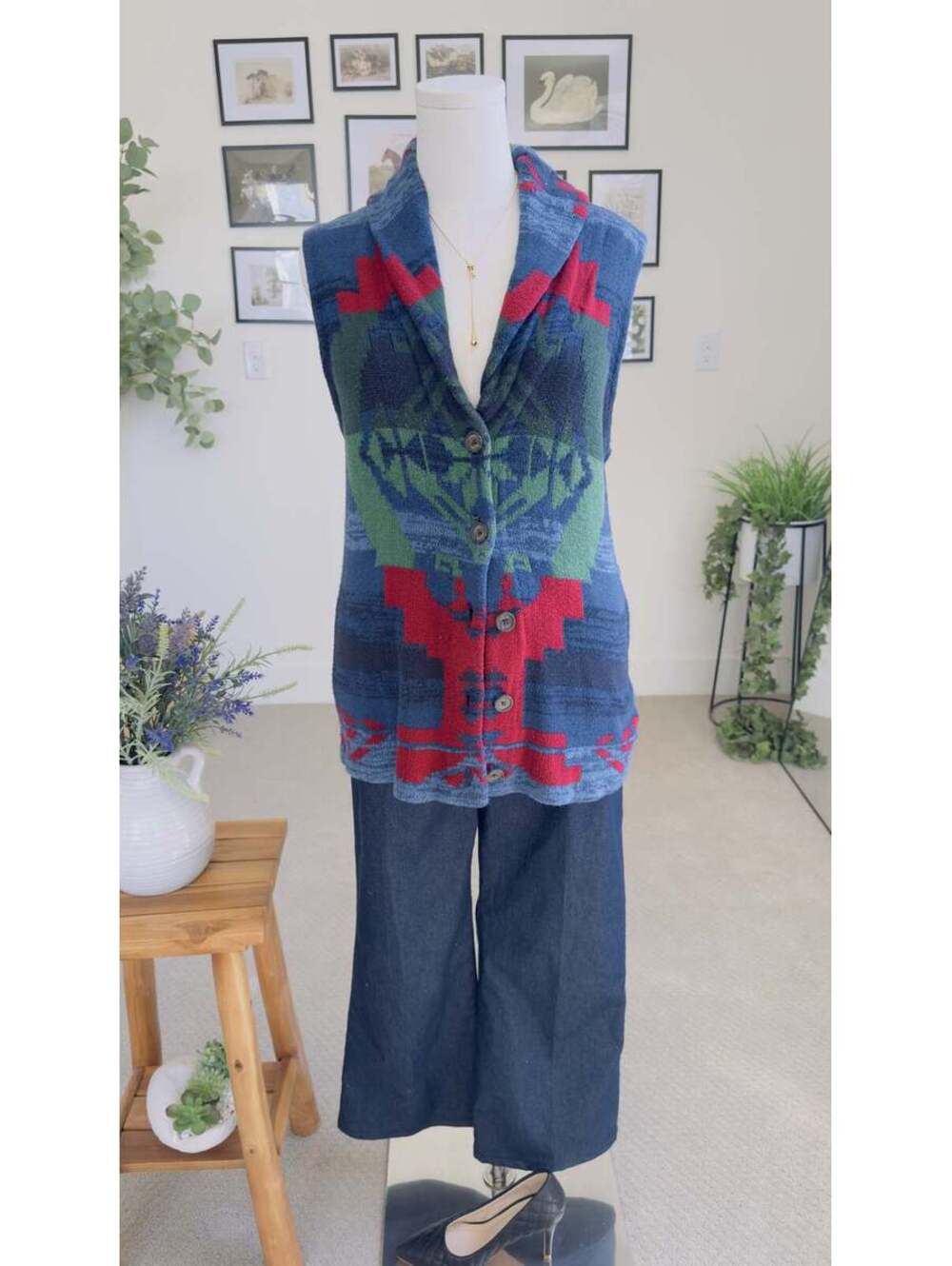 Chaps Denim Southwestern Pattern Shawl Collar Vest Size L